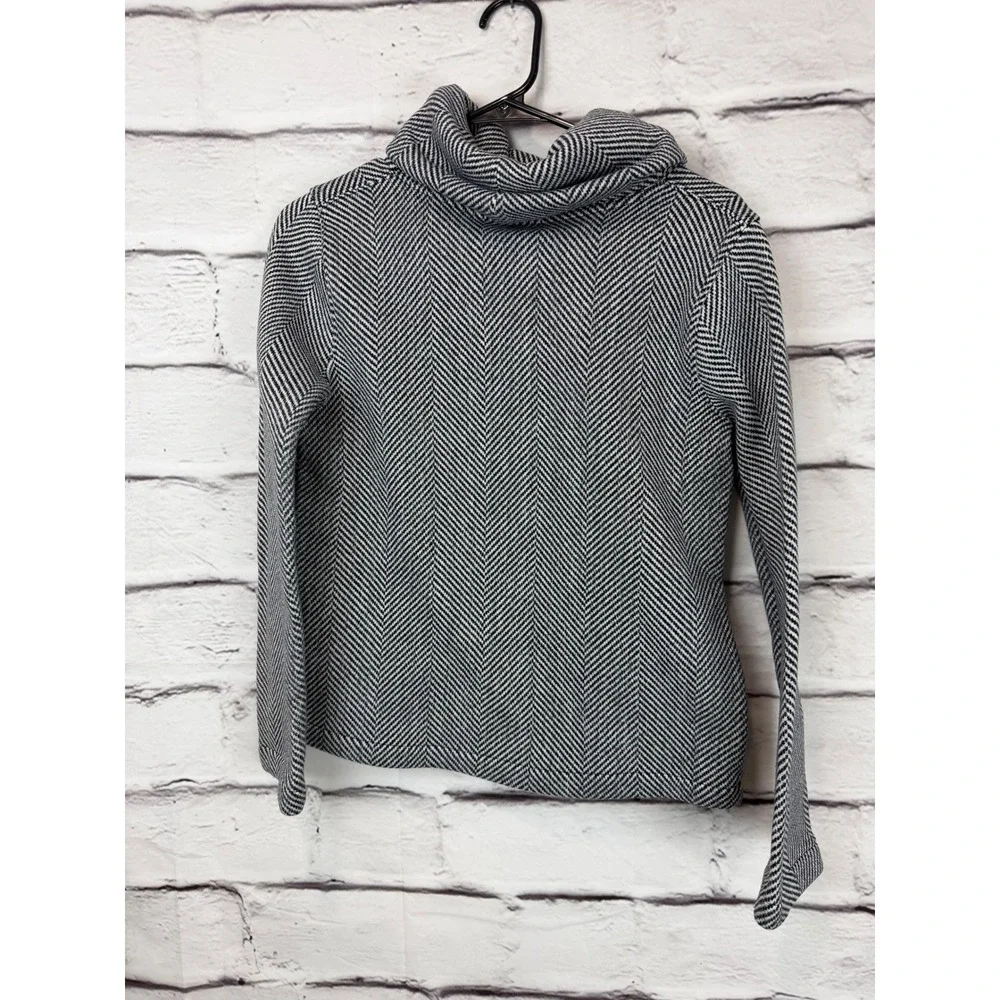 J.Crew Women Herringbone Funnel Neck Pullover Sweater Black White Fleece Lined S